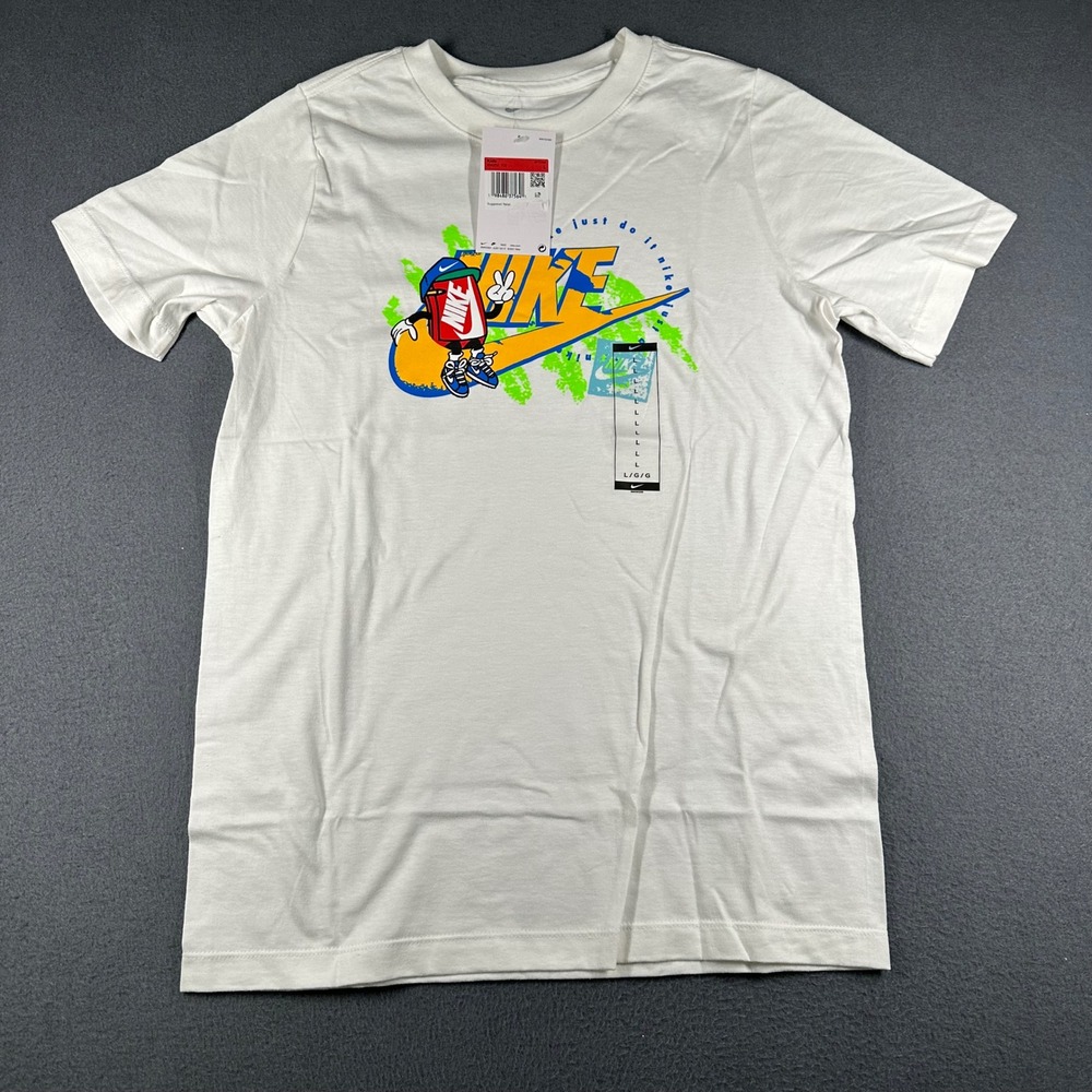 Nike Sportswear Tee Kids L White‎ Graphic Tee Boxy Futura Just Do It Cartoon